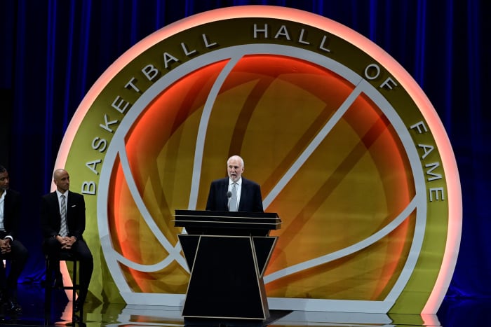 Gregg Popovich gives his speech as he is inducted into the 2023 Basketball Hall of Fame at Symphony Hall. Mandatory Credit: Eric Canha-USA TODAY Sports